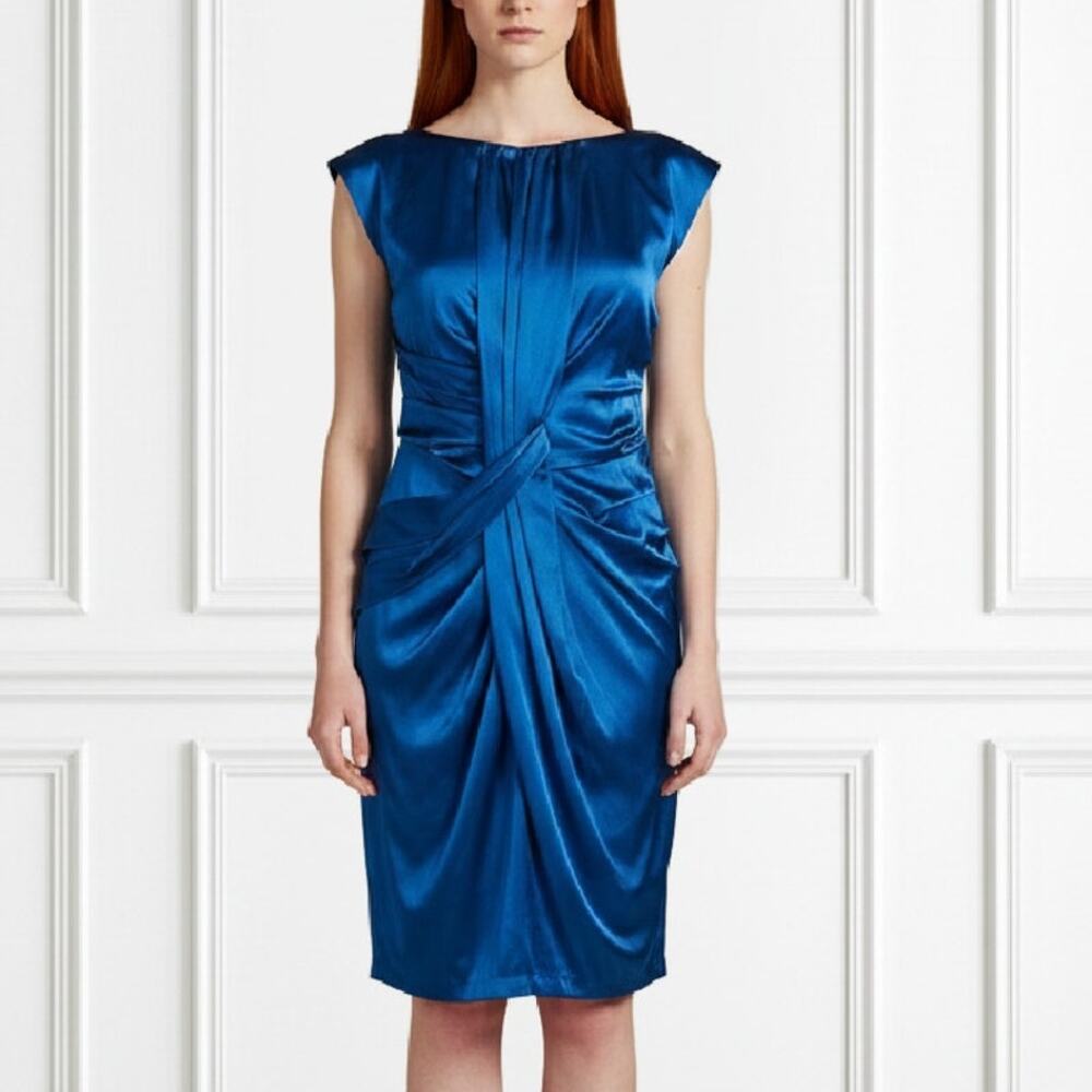 Suzi Chin Maggy Boutique Blue Silk Sheath Dress Sz 4 Draped Cap Sleeve Cocktail